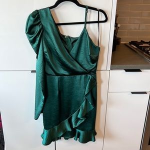 Lulus green satin dress with one sleeve and spaghetti strap